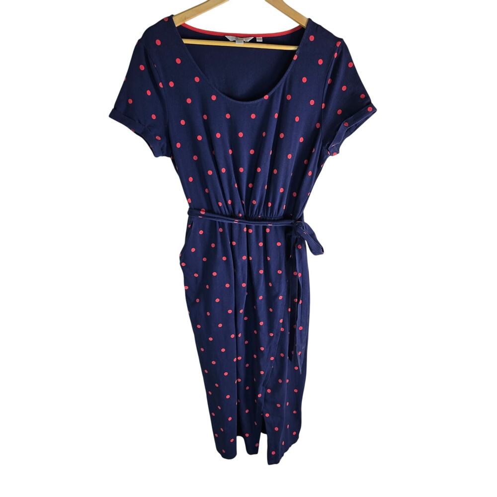 Boden Hallie Split Skirt Belted Jersey Dress Navy Blue & Red Polka Dot Size 12R
